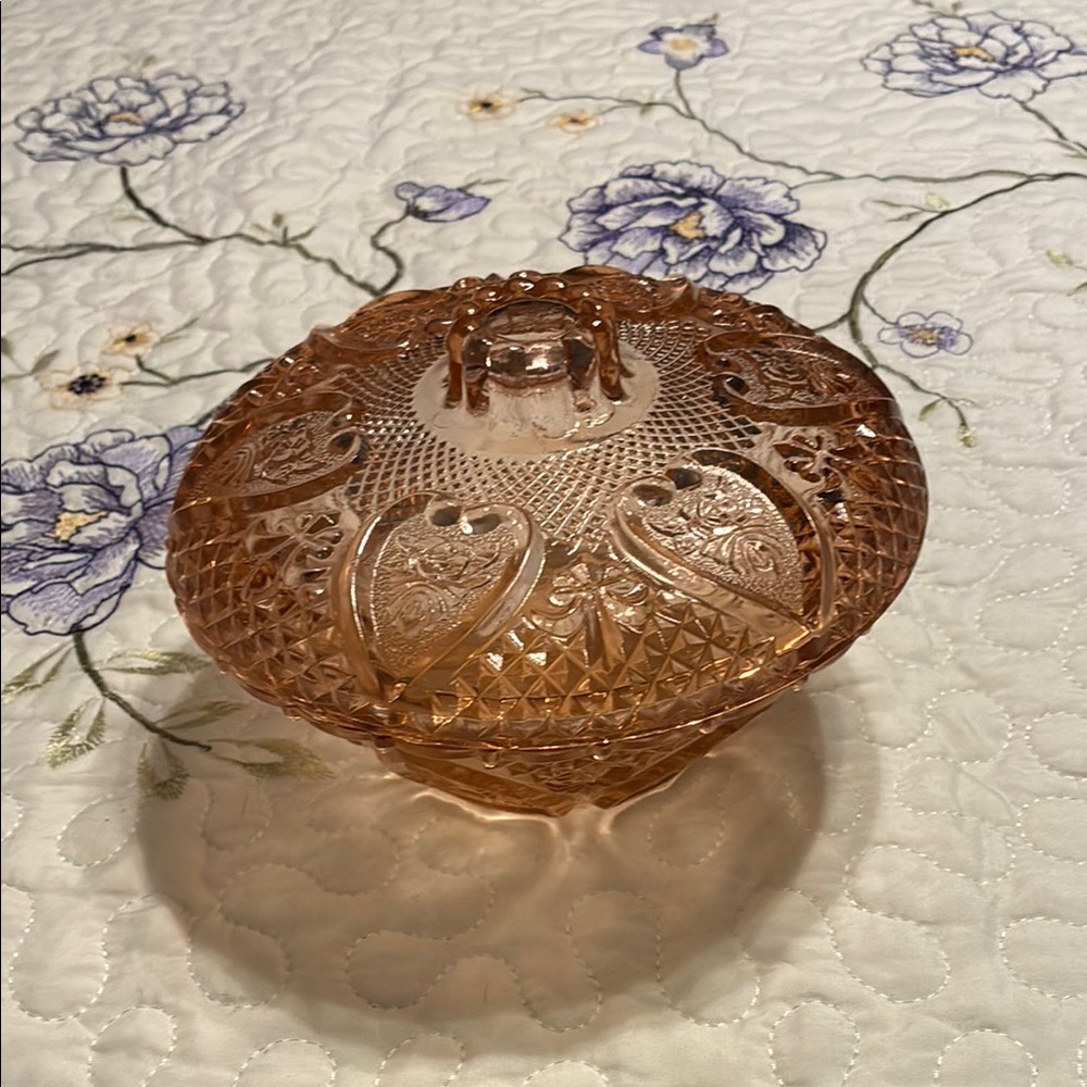 Vintage Pink Glass Covered Candy Dish-with hearts & floral patterns